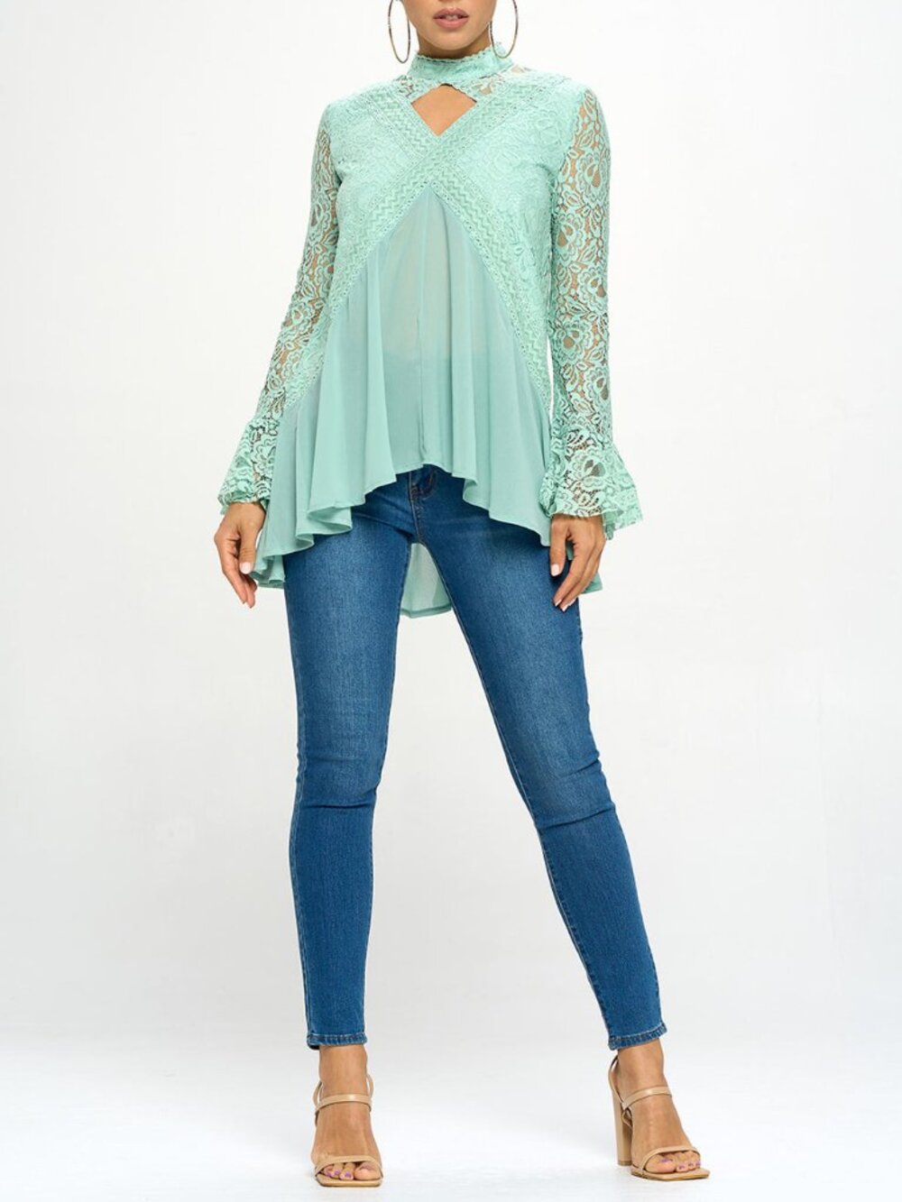 Oh Yes Flowy Lace Trim High Neck Tunic Top Long Sleeve Sage New